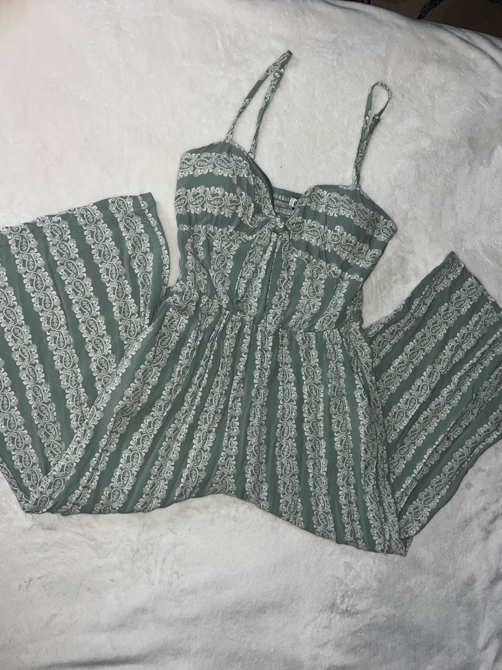 AUW Sage Green Striped Lace-Print Wide-Leg Jumpsuit